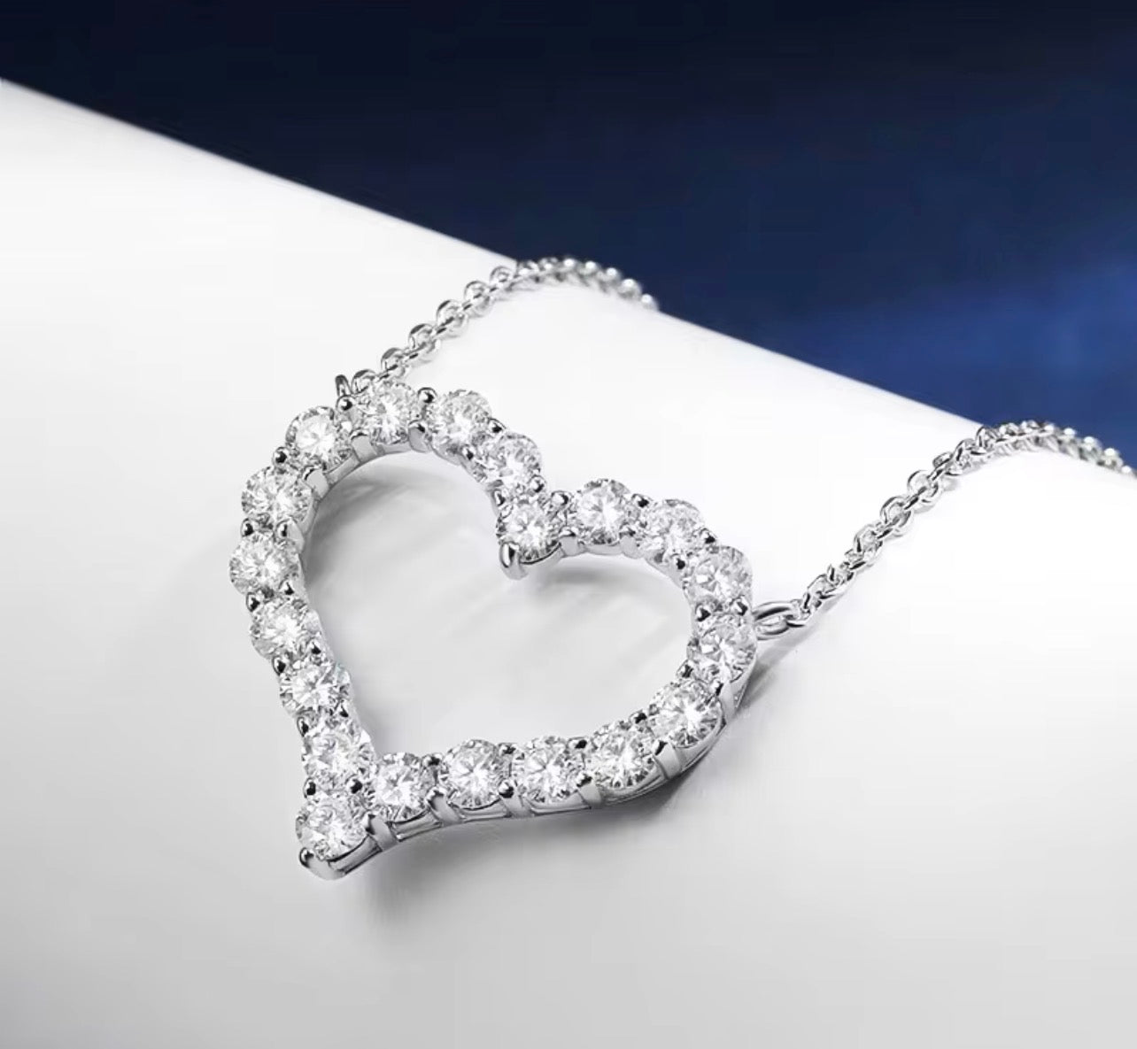 Moissanite open heart necklace product and size comparison