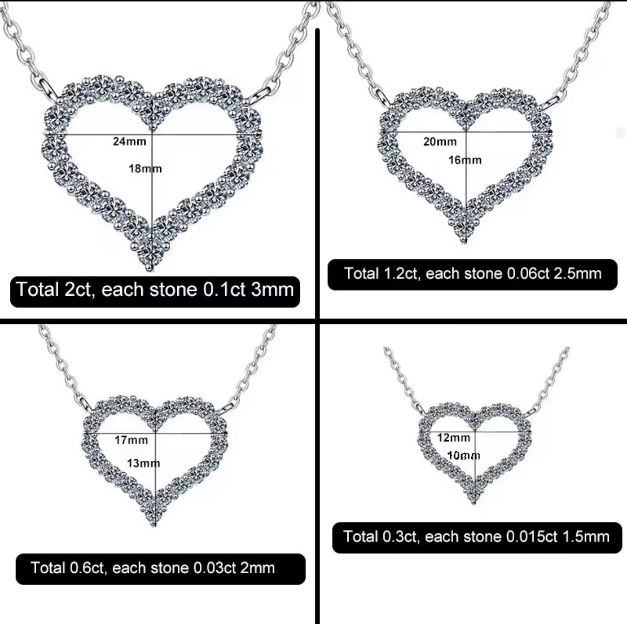 Moissanite open heart necklace product and size comparison