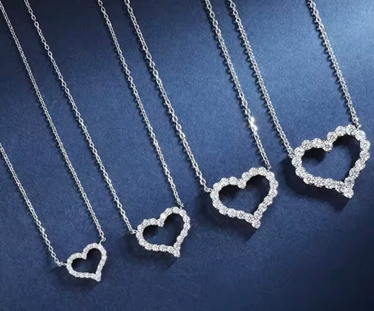 Moissanite open heart necklace product and size comparison