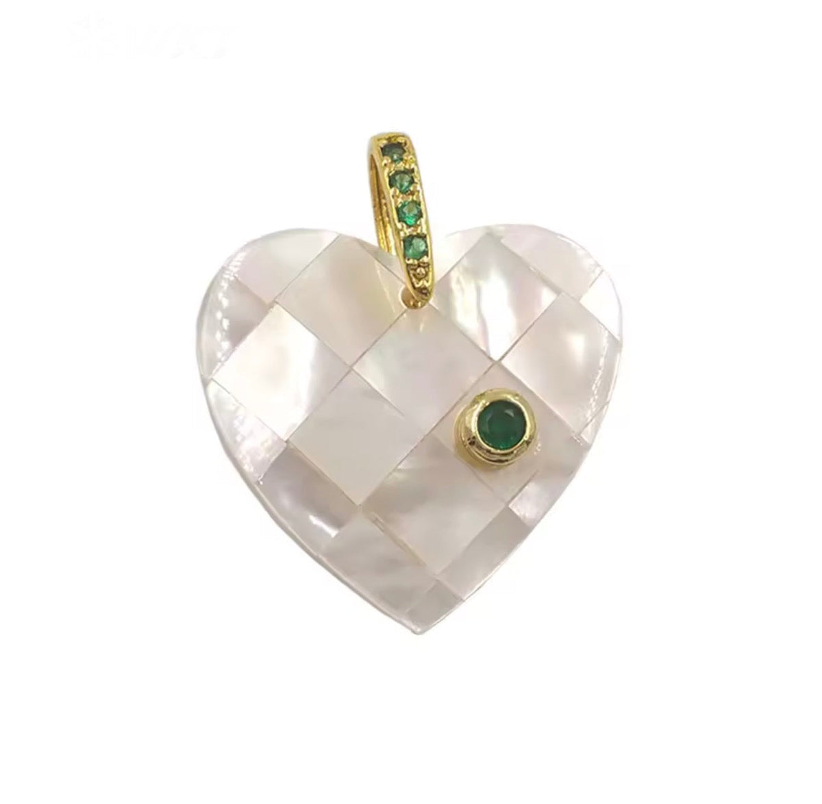 Mother of pearl heart pendant with simulated emerald accent
