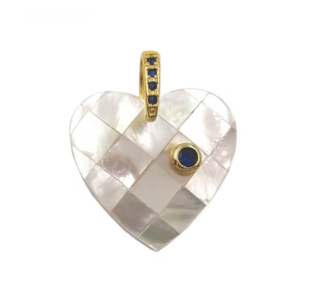 Mother of pearl heart pendant with simulated sapphire accent