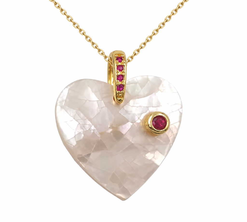 Mother of pearl heart necklace with simulated ruby accent and fine gold chain
