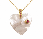 Mother of pearl heart necklace with simulated ruby accent and fine gold chain