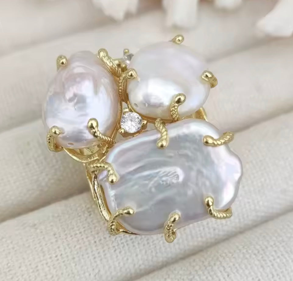 Large Multi-Coin Freshwater Pearl & Diamond Accent Adjustable Statement Ring