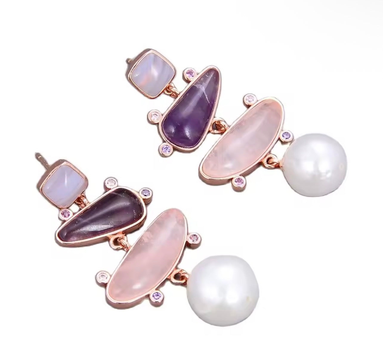 Multicolored quartz, moonstone and pearl dangle earrings