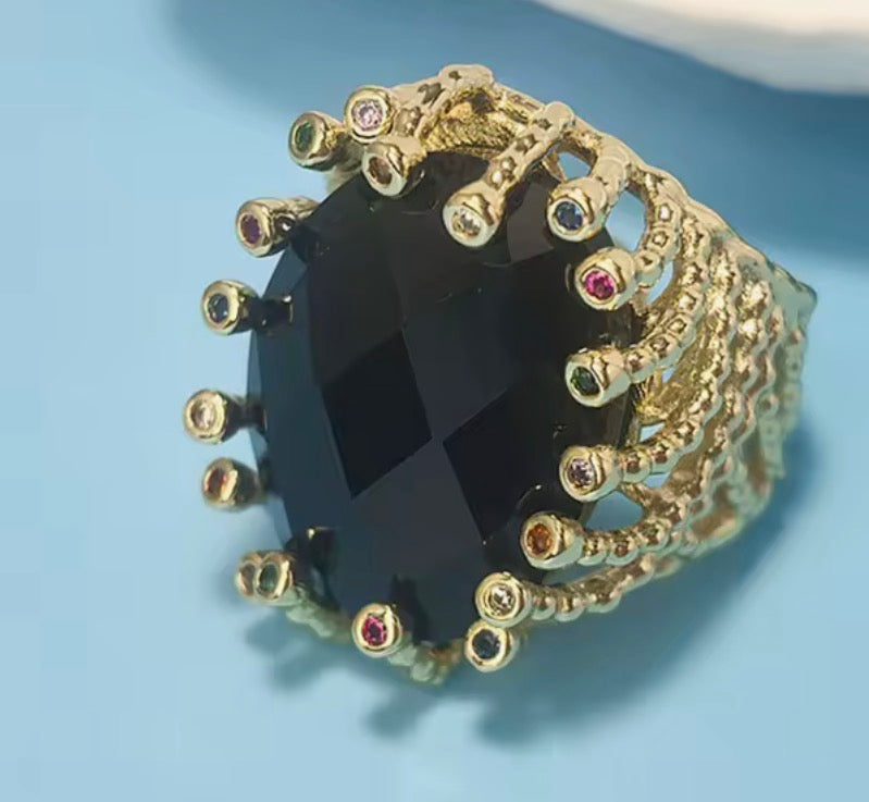 Gold plated statement ring — Black Stone