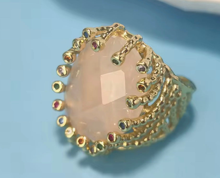 Gold plated statement ring — Pink Quartz
