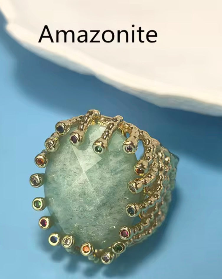 Gold plated statement ring — Amazonite