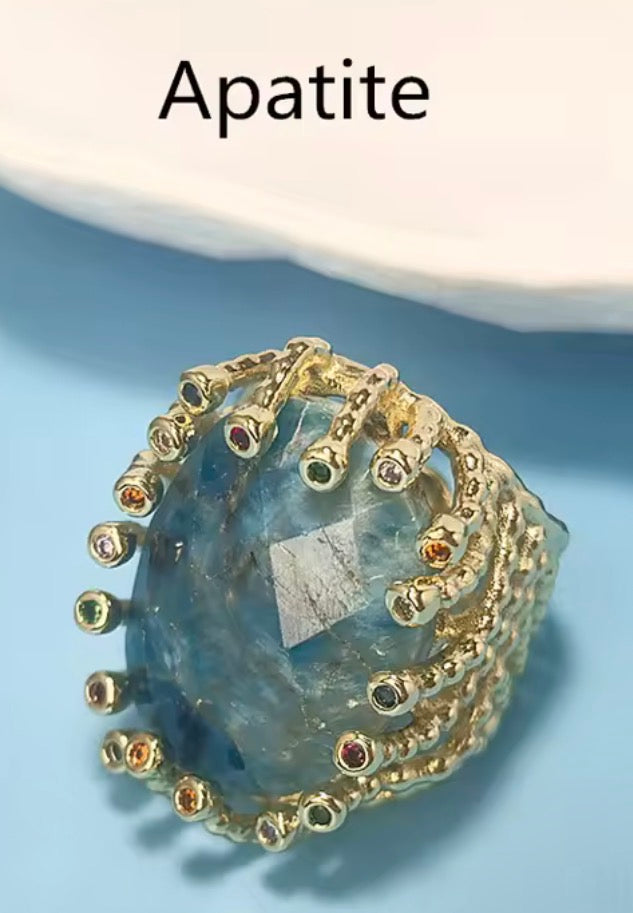 Gold plated statement ring — Apatite