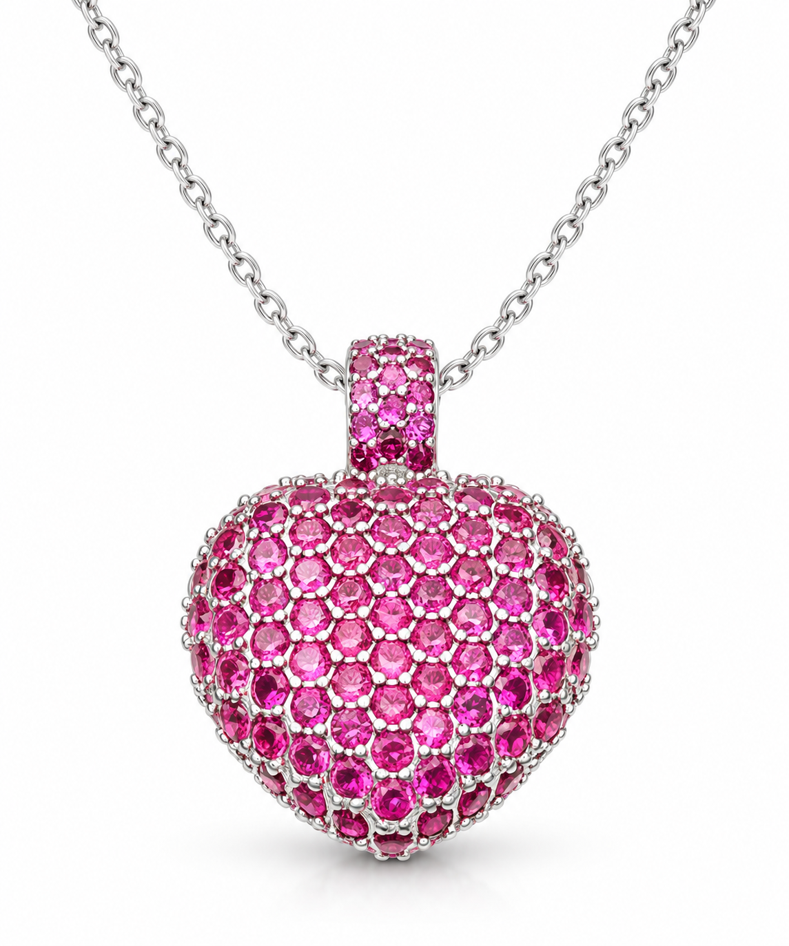 Pavé simulated ruby puff heart pendant on a fine silver chain against a white background