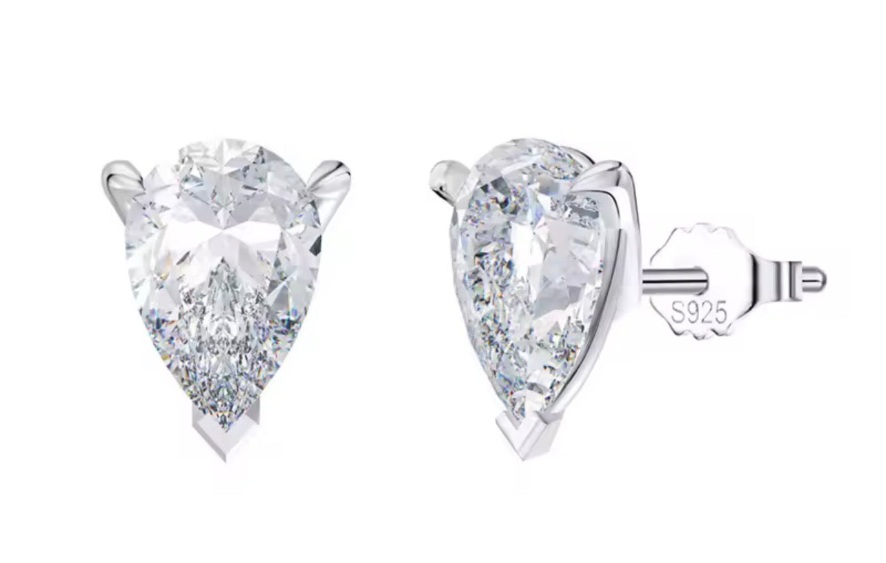 Pear-shaped lab diamond stud earrings in sterling silver, front and side views
