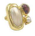 Large Pearl & Amethyst Gold Adjustable Statement Ring