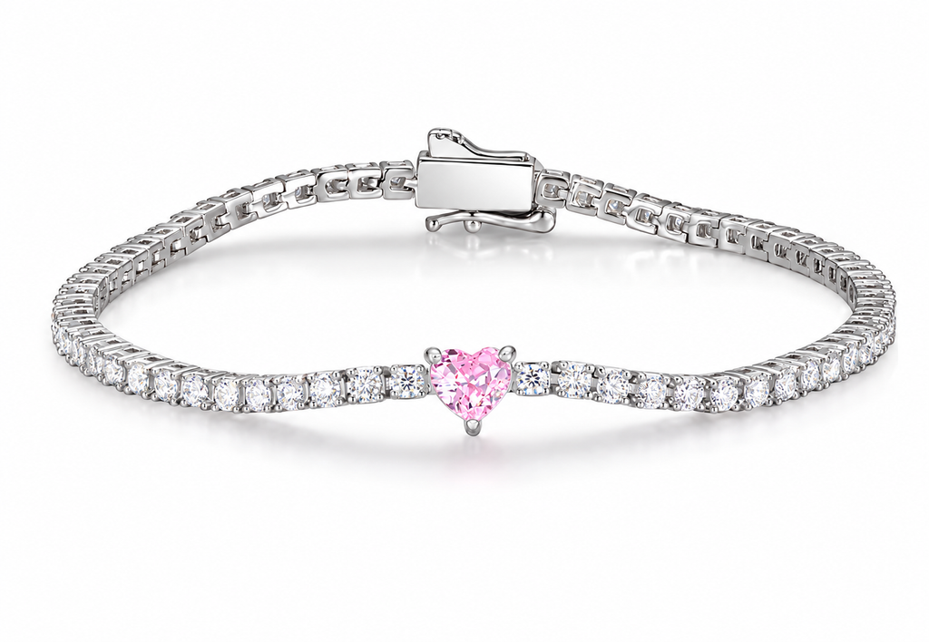 Pink heart lab diamond tennis bracelet on white background, clean bright product photo