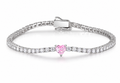 Pink heart lab diamond tennis bracelet on white background, clean bright product photo