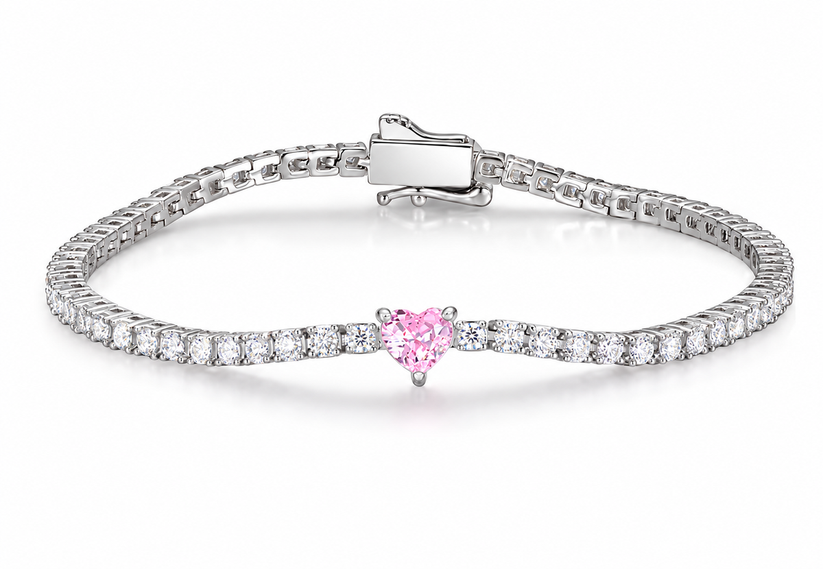 Pink heart lab diamond tennis bracelet on white background, clean bright product photo