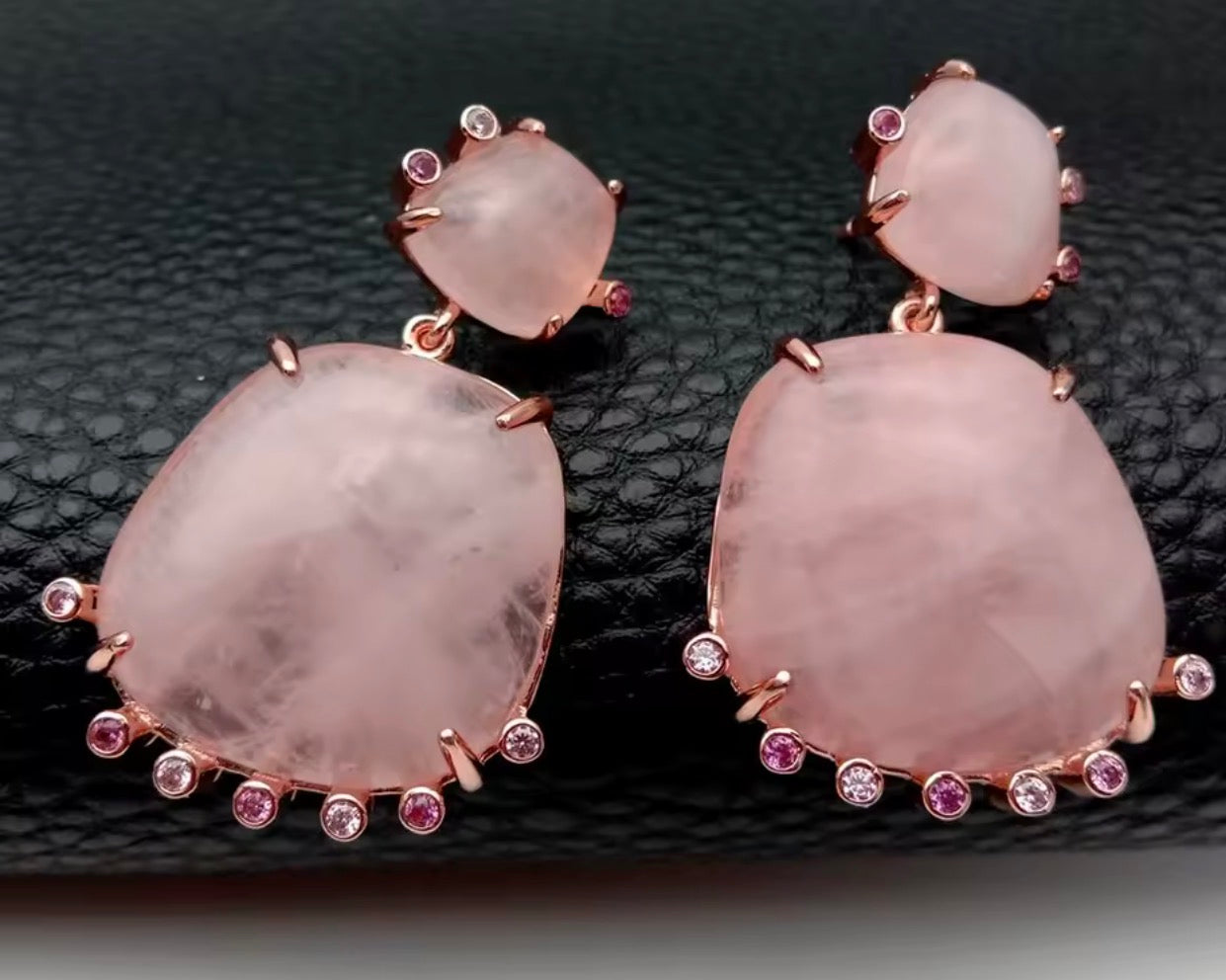 Natural pink quartz dangle earrings with simulated multicolored stone accents