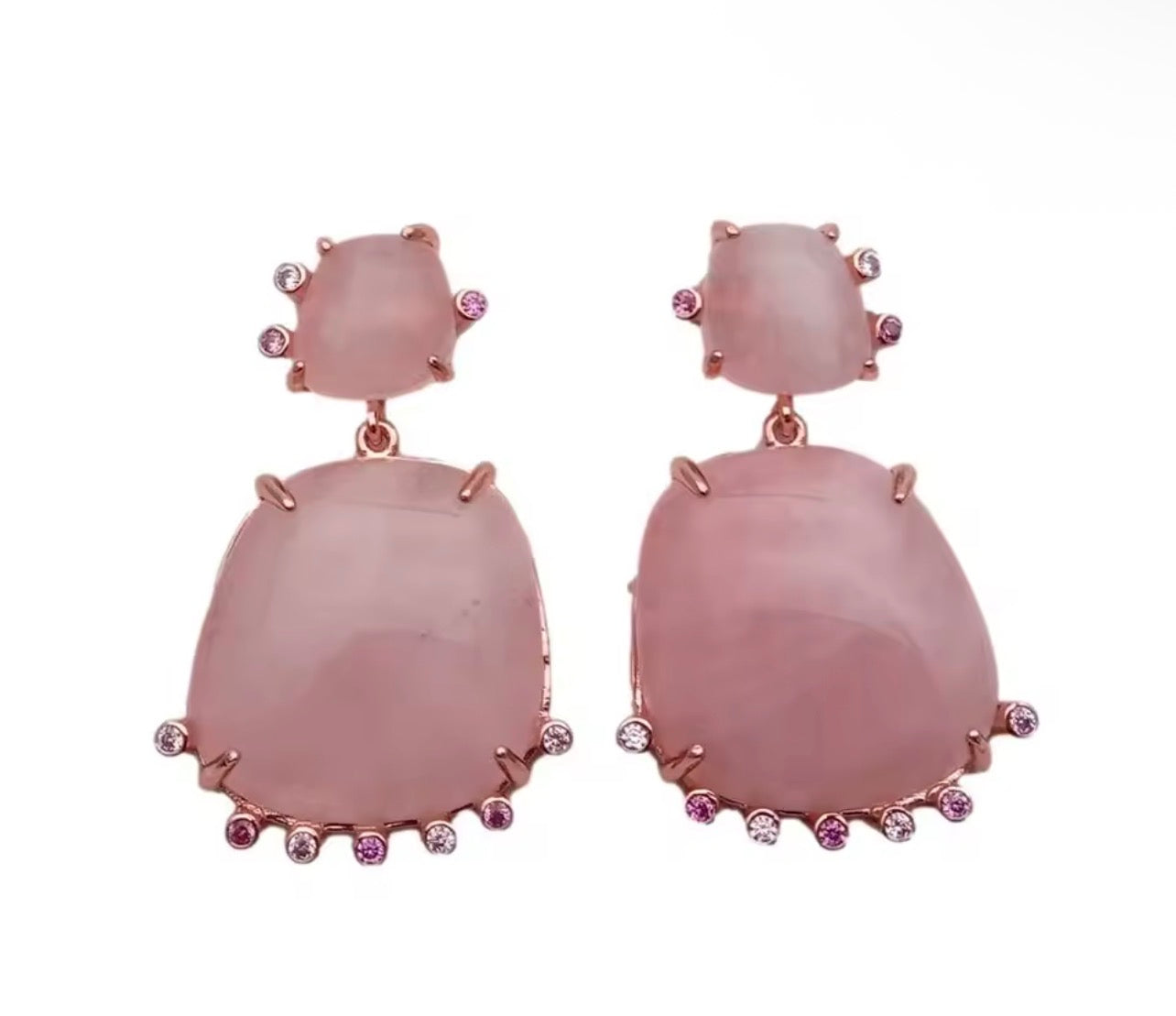 Natural pink quartz dangle earrings with simulated multicolored stone accents