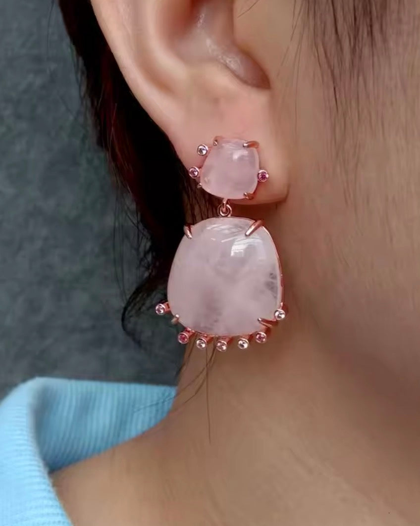 Natural pink quartz dangle earrings with simulated multicolored stone accents