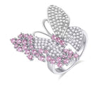 Pink and white butterfly ring with sparkling simulated diamonds, sterling silver plated