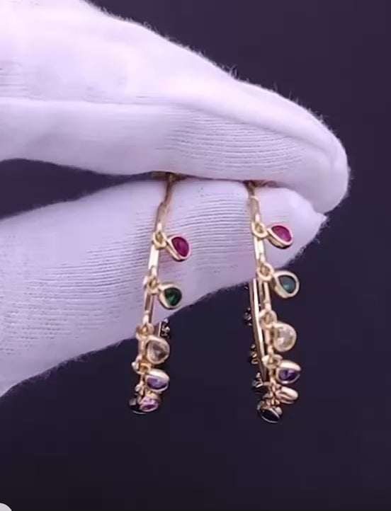 Gold Dangle Tear Drop Stone Hoop Earrings
