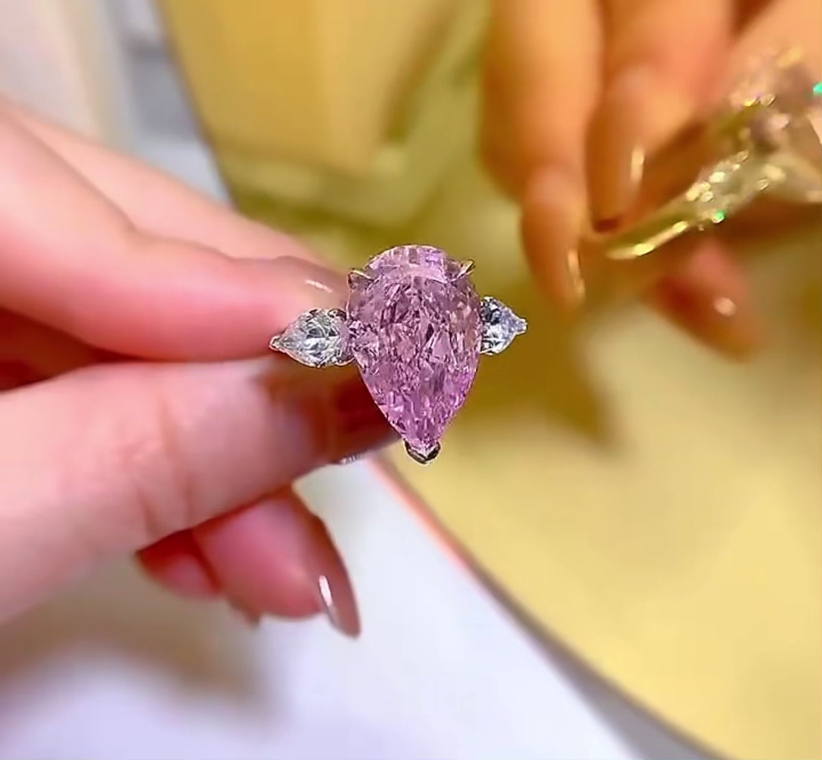 Large Pink Pear-Cut Simulated Diamond Statement Ring