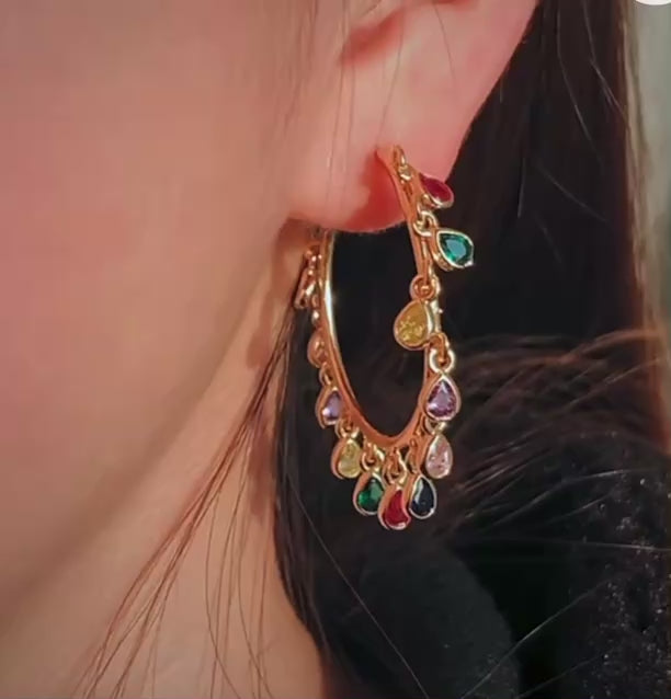 Gold Dangle Tear Drop Stone Hoop Earrings